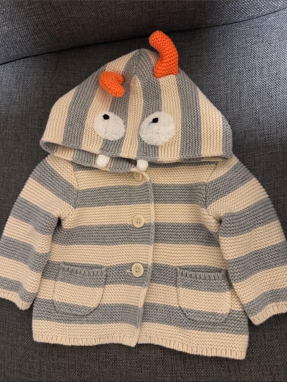 Baby Gap Striped Knit Monster Garter Hoodie Sweater - Cream & Gray Halloween